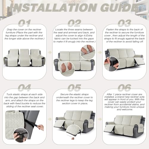Image of TAOCOCO 100% Waterproof Recliner Covers With Leg Straps, Reversible Recliner Couch Cover For Reclining Chair, Washable Couch Protector For Pets Kids (3 Seater, Off White)