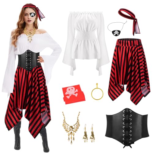 Forfamy Disfraz de Pirata Mujer, 10 PCS Conjunto de Disfraz de Pirata Mujer, Vestido de Pirata Mujer con Top Pirata, Falda, Pirata Accesorios para Carnaval Party