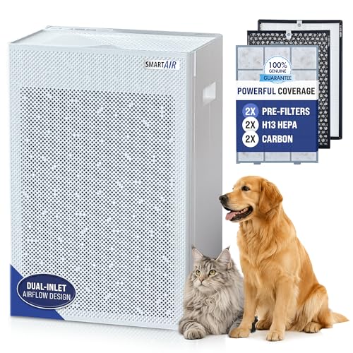 Smart Air SA600 Large HEPA Air Purifier for Pets, Cleans 2400 ft²/hr, For Homes, Offices, Dual Inlet, 2X 99.97% H13 HEPA, 2X Carbon Filters, Washable Pre-Filters for Pet Hair, Allergens,Odors,Gases