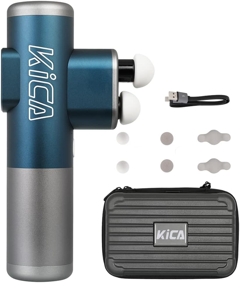 Kica Official: Pro Double Head Massage Gun, LED Display, Touchscreen Massage Gun, Portable Compact Handheld Massage Gun for Neck, Shoulder, Back, Hand Massager with 3 Massage Heads, Blue