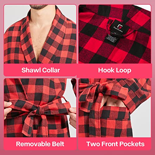 Image of FashGudim Mens Buffalo Plaid Cotton Robe Lightweight Bathrobe Shawl Collar Kimono Sleepwear Loungewear House Robes