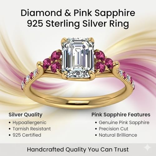Image of Choose Your Gemstone Emerald Cut Petite Cathedral Diamond CZ Ring Yellow Gold Plated Emerald Shape Petite Engagement Rings for Women, Girls and Ladies US Size 4 to 12