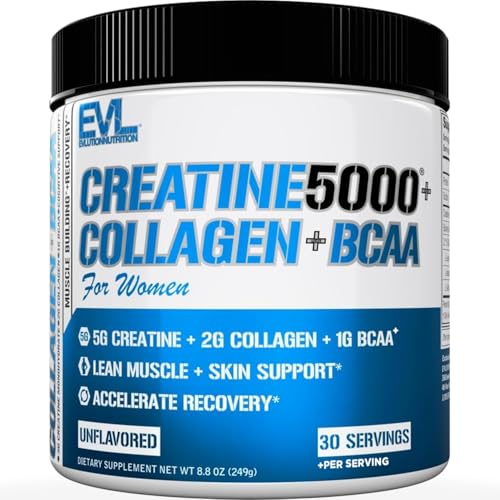 Evlution Nutrition Creatine 5000 + Collagen + BCAA - for Women - Supports Lean Muscle Growth - 5g Creatine Monohydrate, 2g Collagen Peptides & 1g BCAAs Per Serving - 30 Servings - Unflavored Powder