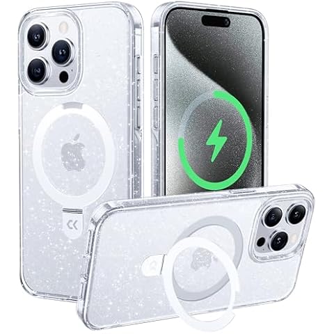CASEKOO Genuine Official for iPhone 15 Pro Case with Magnetic Ring Stand [Compatible with MagSafe] [16FT Military-Grade Protection] Shockproof Twinkle Star Phone Grip Cover 6.1'', Sparkle Glitter Cover