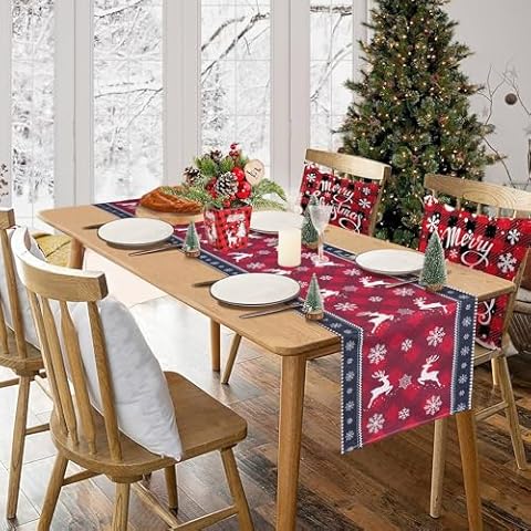 Christmas Table Runner Linen Red-Black Buffalo Plaid Deer Snowflake Table Runner, Seasonal Winter Xmas Holiday Decorations for Home Kitchen Dining Party Decor 72 Inch Cover