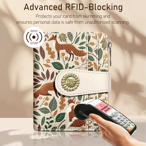 Image of Kelvoris Cute Fox Leaves Small Rfid Women Wallet Bifold Zipper Coin Pocket | PU Leather Compact Cash Credit Card Holder Travel Purse for Female Ladies Teen Girls 1 ID Window 10 Card Slots