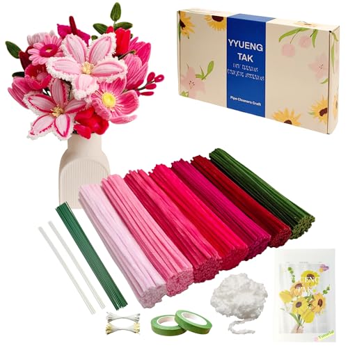 YYUENG TAK 350 Pcs Red & Pink Pipe Cleaners Flower kit with tutoria Fluffy Yarn Green Floral Wires Gardening Tape StamenPipe Cleaners Craft Chenille Stems for DIY Art Projects Creative Gift Decor