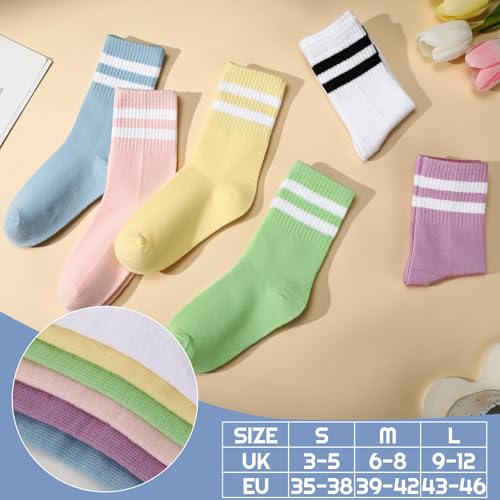 Image of Womens Crew Socks Striped Trim Casual Crew Socks Mid Calf Ankle Sock Vintage Retro Gym Running 6 /8 Pack
