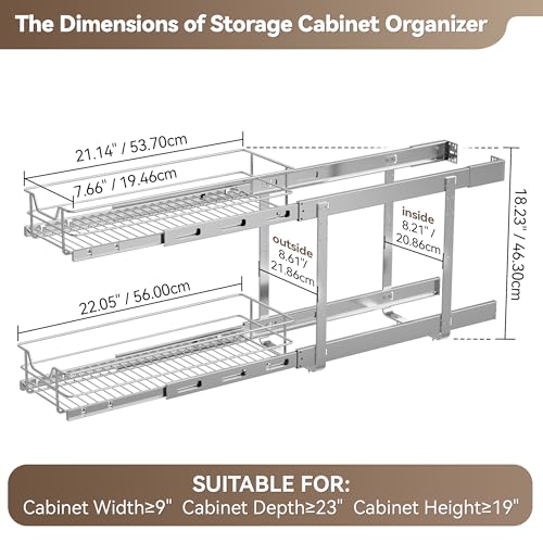 Image of 2 Tier Pull Out Cabinet Organizer 9 inch W X 22 inch D, Chromed, Full Slide Out
