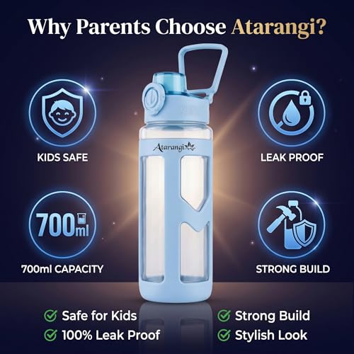 Image of Atarangi Round Sky Blue Kawaii Water Bottle 700ml for Kids | Leak Resistant Flip Top Lid | 90 Rotatable Handle | Durable Plastic Drinking Bottle for School, Travel & Daily Use (Sky Blue | 700 ml)