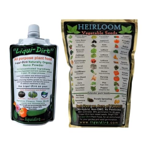 Heirloom Vegetable and Fruit Seeds 38 Varieties(Over 8,000 Seeds) Plus Liqui-Dirt Nano Powder All-Purpose Complete Plant Food Combo Pack - for Indoor or Outdoor Use (Makes Over 50 gallons) Cover