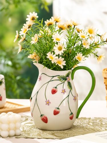 Ceramoira Strawberry Summer Pitcher Vase with Handle Artisanal Handmade
