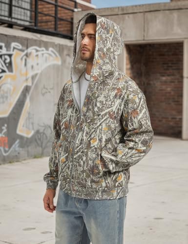 Camo Zip up Hoodie Men Full-Zip Fleece Hoodies Oversized Hooded Sweatshirts Maple Leaf Print Long Sleeve Sweatshirt