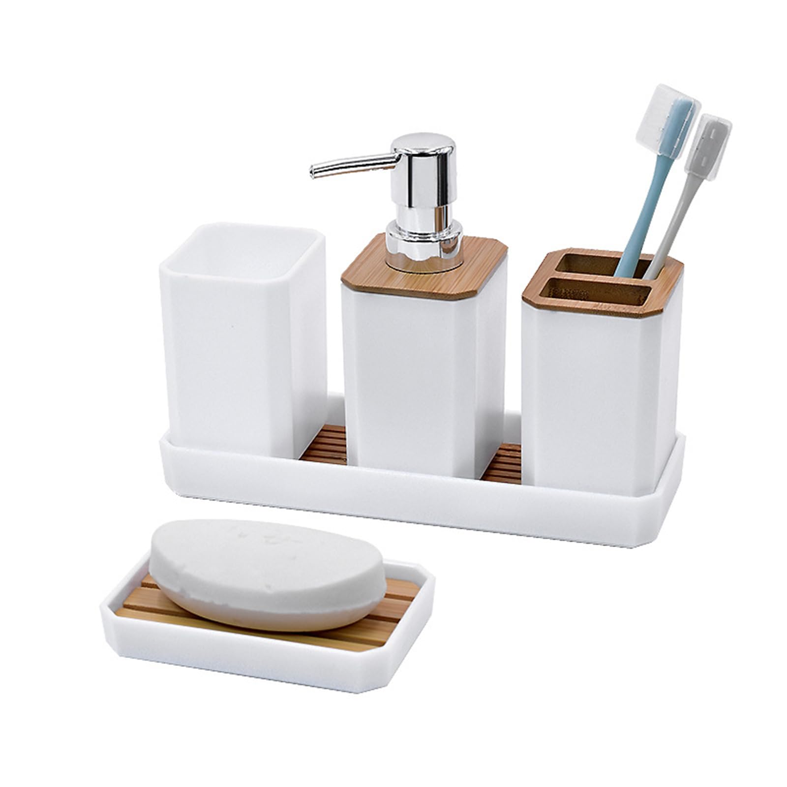 5Piece Modern Bathroom Organization Solution User Friendly Accessories Set Soap Dispenser Toothbrush Holder Tray Storage Set