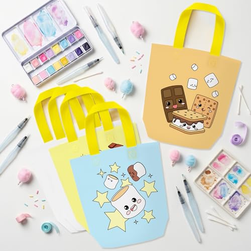 Image of Marshmallow Coloring Goodies Bags for Kids - 24Pcs Campfire Camping Bulk Color Your Own Gift Bags with Handle Marshmallow Reusable Non Woven Coloring Tote Bag for DIY Activity Birthday Party Supplies