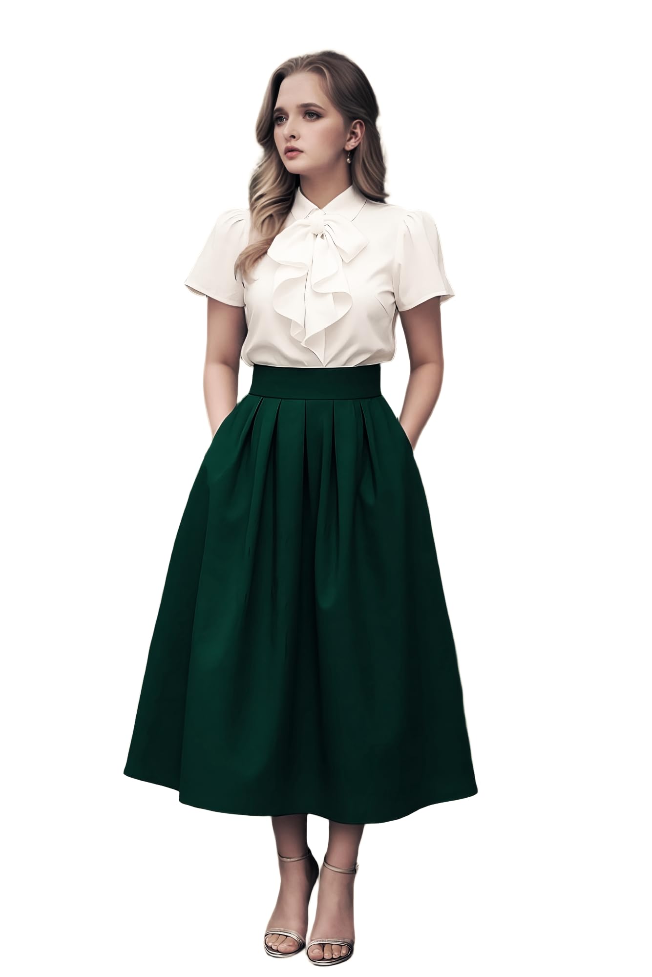 Womens Fashion High Waist A-Line Knee Length Taffeta Skirts with Pockets