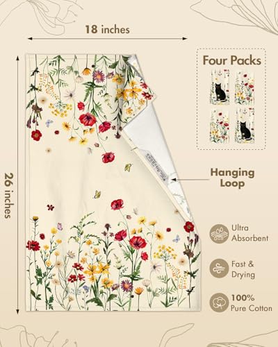 Image of Miss Adola 4PCS Flour Sack Towels - 18 inchx 26 inch Floursack Dish Towels with Hanging Loop Set of 4 Cotton Tea Towel Absorbent Decorative Dishcloth for Drying Home Decor Housewarming Gift, Cat in Flower