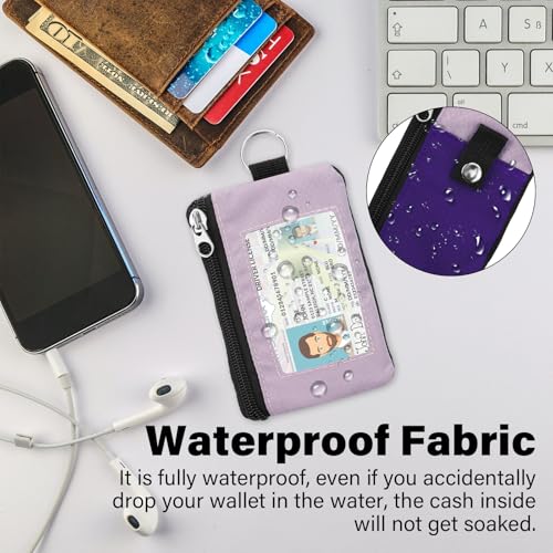 Image of Minimalist RFID Wallet with Lanyard, Multi-functional ID Case with 2 Zipper Pockets and Key Chain for Men and Women, Tactical Badge Pouch Cards Holder, Coin Purse for Travel Sports - Purple&Pink