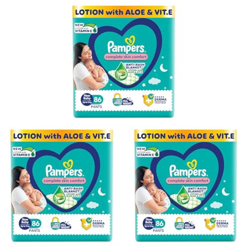 Image of Pampers Complete Skin Comfort Pants, (NB,XS) 86 Count Anti-Rash Blanket, Lotion with Vitamin E & Aloe Vera, New Born, Extra Small Size Baby Diapers, Upto 5kg (Pack of 3)