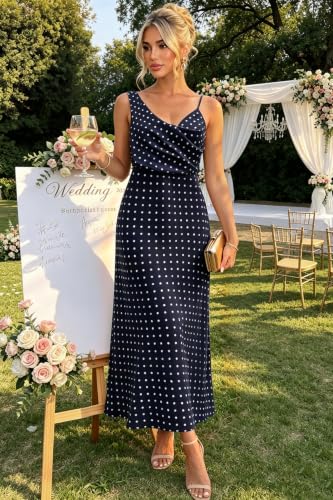 Image of Women's Summer Satin Dress Elegant Cowl Neck Adjustable Spaghetti Strap Wedding Guest Cocktail Party Maxi Dresses