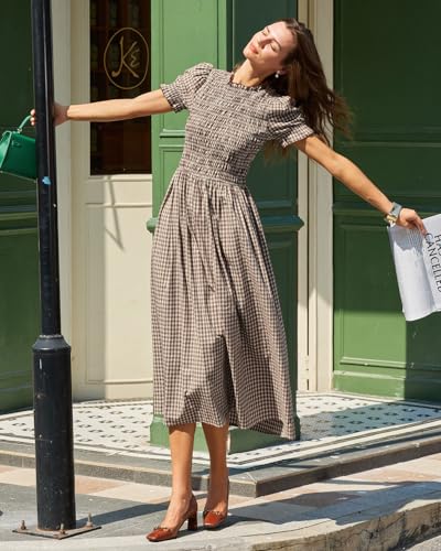 Image of RIHOAS Plaid Gingham Midi Dress Short Sleeve Smocked Dresses for Women | Cotton,Ruffle Puff Sleeves,Vintage Brown,Spring Summer Casual Daily,Picnic,Travel,Vacation,Christmas Festive Occasions