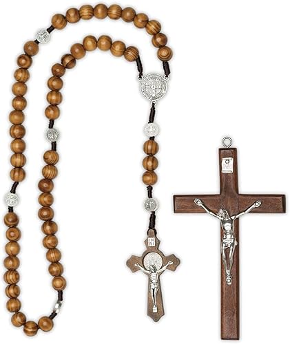 TEMSOOM Crucifijo de pared, cruz católica hecha a mano con cuentas de rosario de madera, collar de cruz de madera, colgante pectoral de crucifijo,
