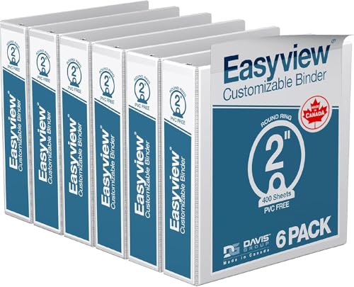 Image of Easyview 3-Ring Binder, Clear-View Cover, 2 inch Round Rings, White, 6 Pack