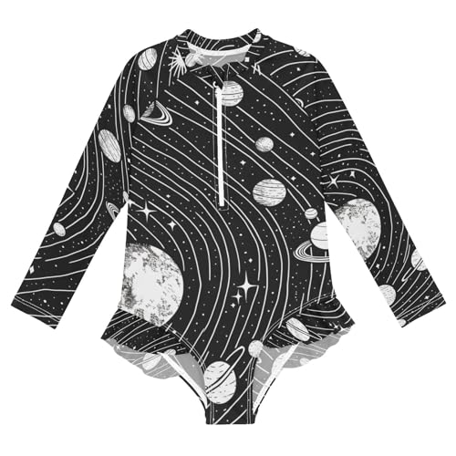 ALAZA Swimsuit for Girls Long Sleeve Rashguard Bathing Suit Galaxy Illustration Quick Dry 4T