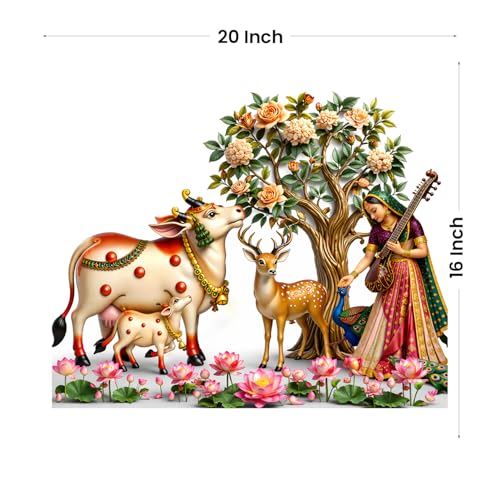 Image of Rangoli Cow Krishna Theme Wall Sticker 20 x 16 Inch Floral Tree Animal Design Self Adhesive Wall Decor for Living Room Bedroom Kids Room Indian Traditional Wall Art
