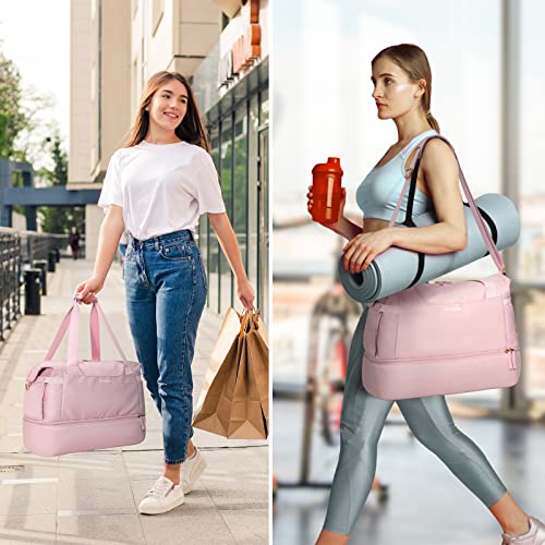 Gym Bag for Women, Sports Travel Duffel Bag with USB Charging Port, Weekender Overnight Bag with Wet Pocket and Shoes Compartment for Women Girls Travel, Gym, Yoga, School (Pink)