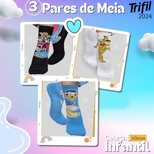Kit 03 Pares Meia Infantil Trifil Cano Médio Desenho Animado Algodão Unissex | 1 Azul Piscina - 1 Br