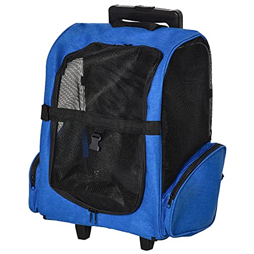 Pawhut Transportín Carrito para Mascotas 2 en 1 Mochila de Viaje con 2 Ruedas para Perros Gatos con Asa Retráctil de Aluminio y Bolsillos de Almacenaje 42x25x55 cm Azul