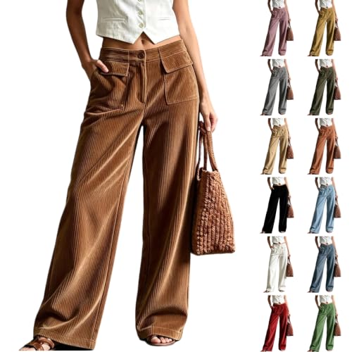 PXQIRMR Wide Leg Pants for Women Corduroy Elastic Waist Casual Trousers