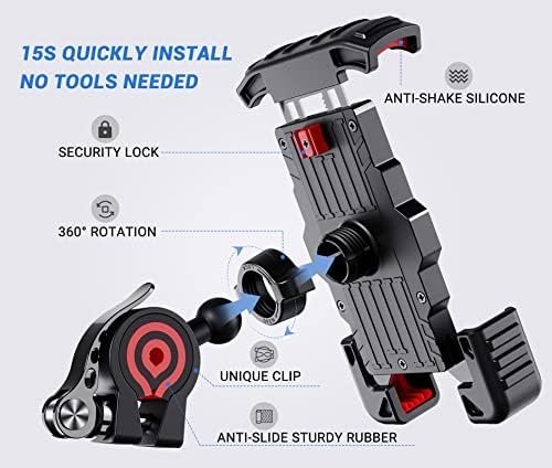LERWAY Motorcycle Phone Mount, Adjustable Handlebar Clip with Lock, Fits 4.7-6.8 Inch Phones, Black Red 4