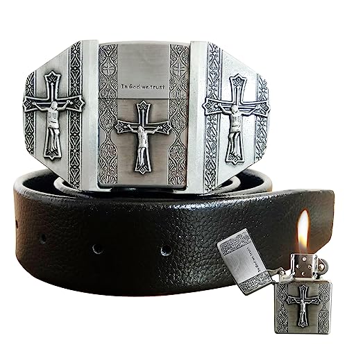 Jesus Cross Men Leather Belts,Hidden Lighter Vintage Western Cowboy Black Waist Belt For Pants Jeans-In God We Trust