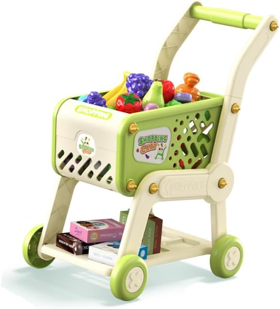 Supermarket Food Play Set 25pcs Accessories Toy Shopping Cart for Kids (Green)