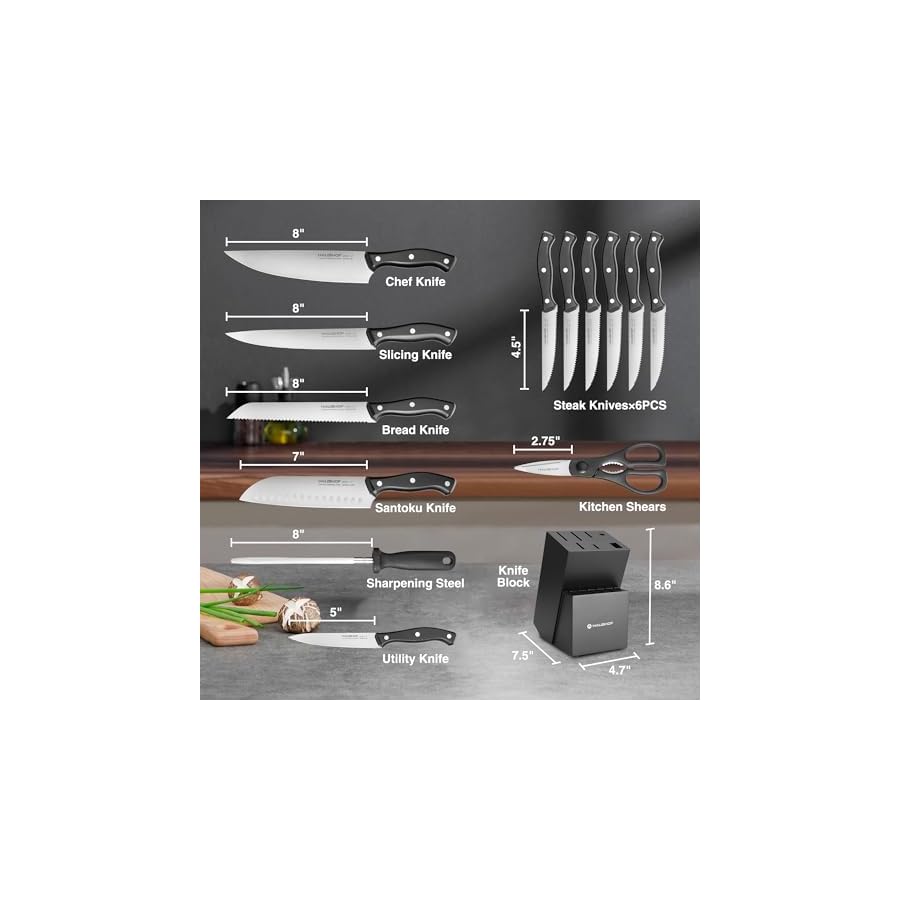 HAUSHOF 14 PCS Kitchen Knife Set With Block Wooden, Razor-Sharp Stainless Steel, Forged Triple Rivet, Chefs, Santoku, Slicing, Utility & 6 Steak Knives, Black