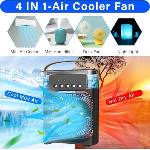 Image of DRUMSTONE Luxurious 5 Year Warranty Portable Mini Air Cooler with Humidifier & Mist Spray 3-Speed Personal Desk Fan 7-Color LED Night Light Timer Function USB Evaporative Cooling Fan for Home & Office
