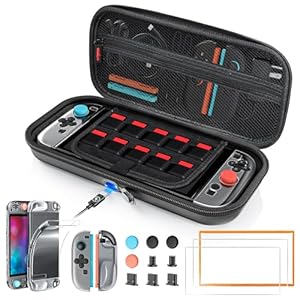 [All in One] Bundle Accessories for Nintendo Switch 2, Carrying Case for Switch 2 with Clear Cover, 2X Tempered Glass Screen Protector with Frame, 4X Thumb Grip, 5X Dust Plug