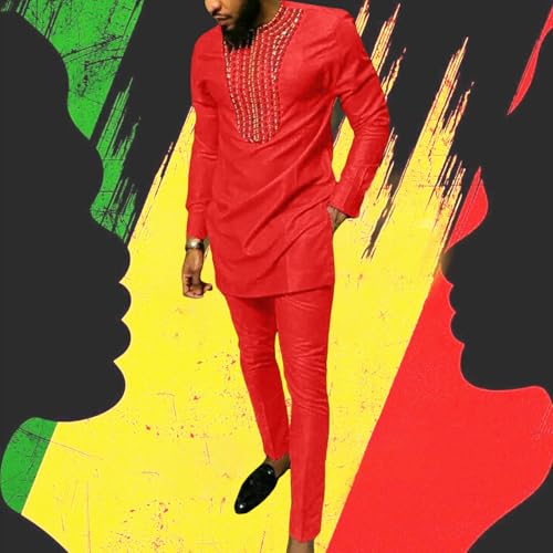 Ensemble ethnique africain rouge XL vêtement traditionnel à col rond manches longues