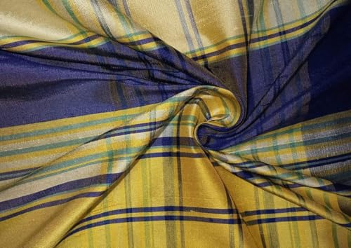 Tissu dupion 100% soie bleu jaune pour ameublement et rideaux haut de gamme