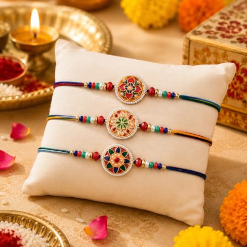 Image of Rakhi for Brother Set of 3 Raksha Bandhan Traditional Bracelet Gift fo Bhai