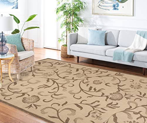 Martha Stewart By Safavieh Collection 6'7" X 9'6" Cream/Brown Msr4251 Swirling Garden Indoor/ Outdoor Waterproof Easy-Cleaning Patio Backyard Mudroom Area-Rug #TOP1