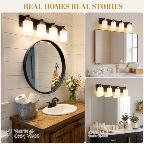 Image of Vanity Lights for Bathroom, 4-Light Black and Gold Bathroom Vanity Light Over Mirror with Milky White Glass Shades, Modern Bathroom Light Fixtures for Living Room Hallway Cabinet (Bulbs Not Included)
