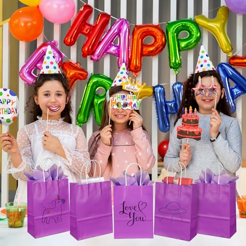 Image of BLEWINDZ 32Pcs Small Paper Gift Bags with Tissues, Purple Party Favor Bags with Handles, 8.7 inch Goodie Bag for Birthday, Shopping, Party Supplies