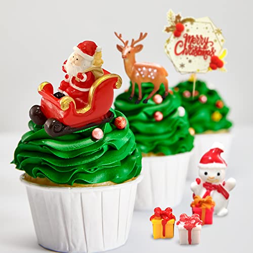 22Pcs Christmas Cake Topper Merry Christmas Cake Decorations Christmas Cupcake Toppers With Craft Christmas Tree Mini Santa Sleigh Reindeer, Snowman Cake Decoration And Xmas Party Miniature Ornaments #TOP5
