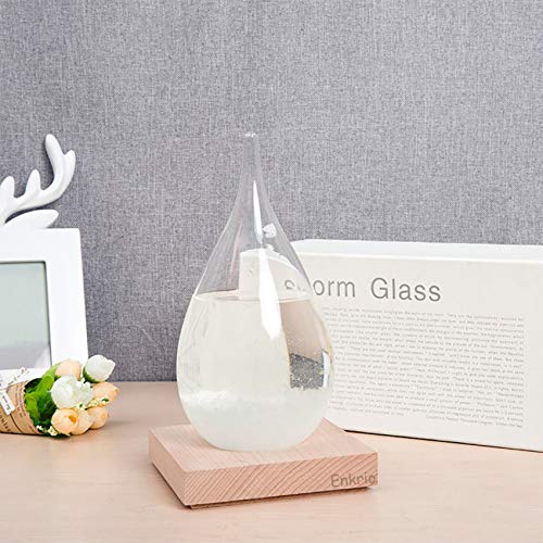 Enkrio Storm Glass Weather Predictor, Weather Station Weather Forecaster with Wood Base, Creative Crystal Glass Bottle for Home & Office Decoration (S)