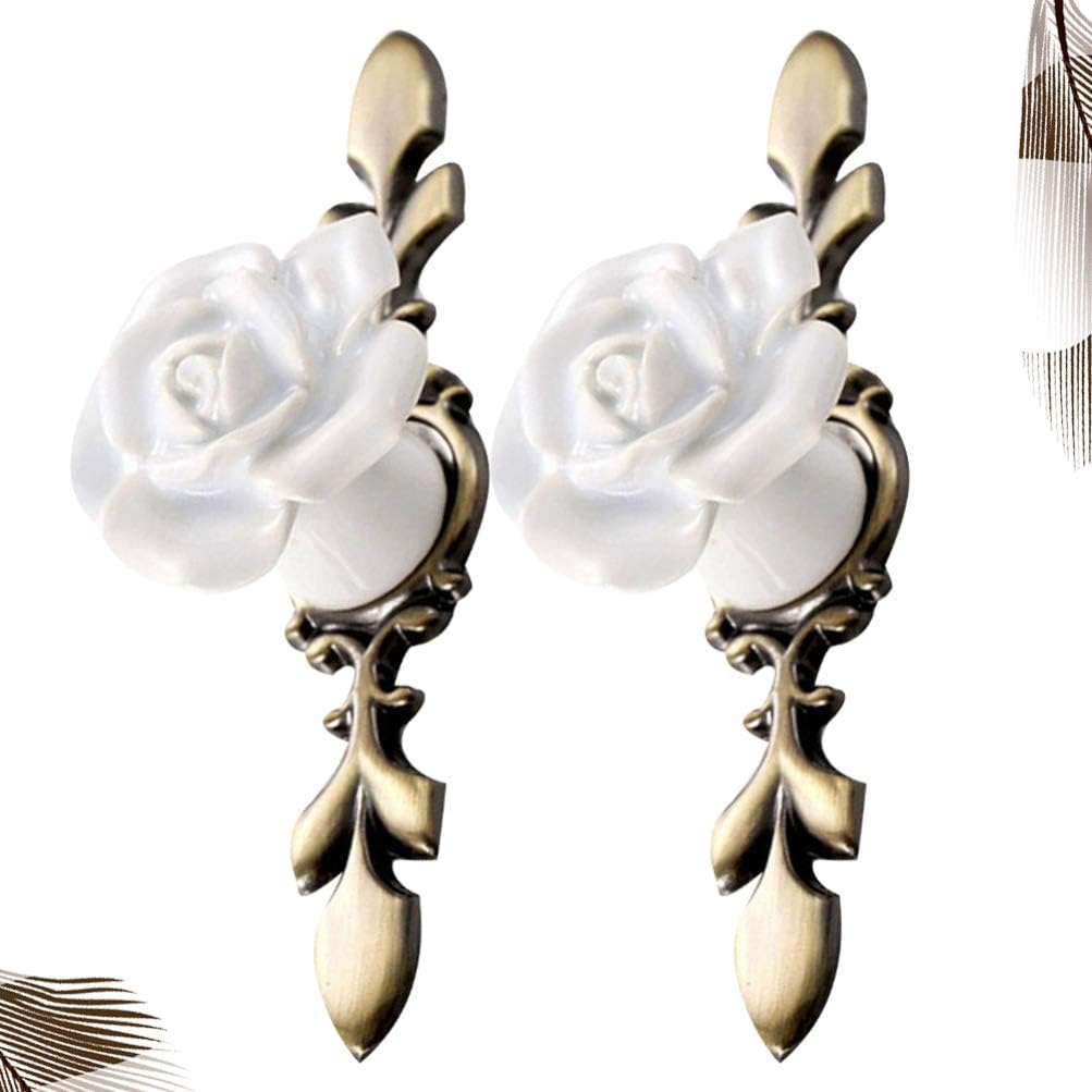 BESPORTBLE Ceramic Rose Flower Cabinet Knobs with Green Bronze Backplate, Vintage Kitchen Drawer Pull Handles for Dresser Cupboard Wardrobe, 2 Pack (White)