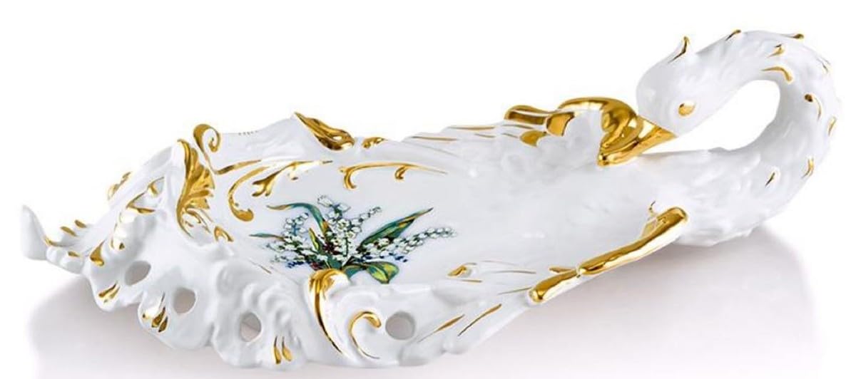 Casa Padrino Bandeja de Servir Barroco Cisne con Lirio Blanco/Oro/Multicolor 54 x 30 x H. 16 cm - Bandeja Barroco de Cerámica Pintada a Mano
