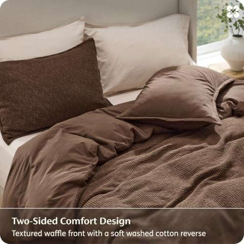 Image of Bedsure PureWoven Space-Dyed Cotton Waffle Duvet Cover Set, Queen, Brown
